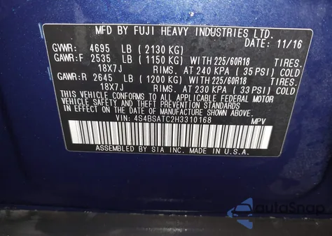 2017 Subaru Outback 2.5I Touring from USA, damaged, VIN 4S4BSATC2H3310168